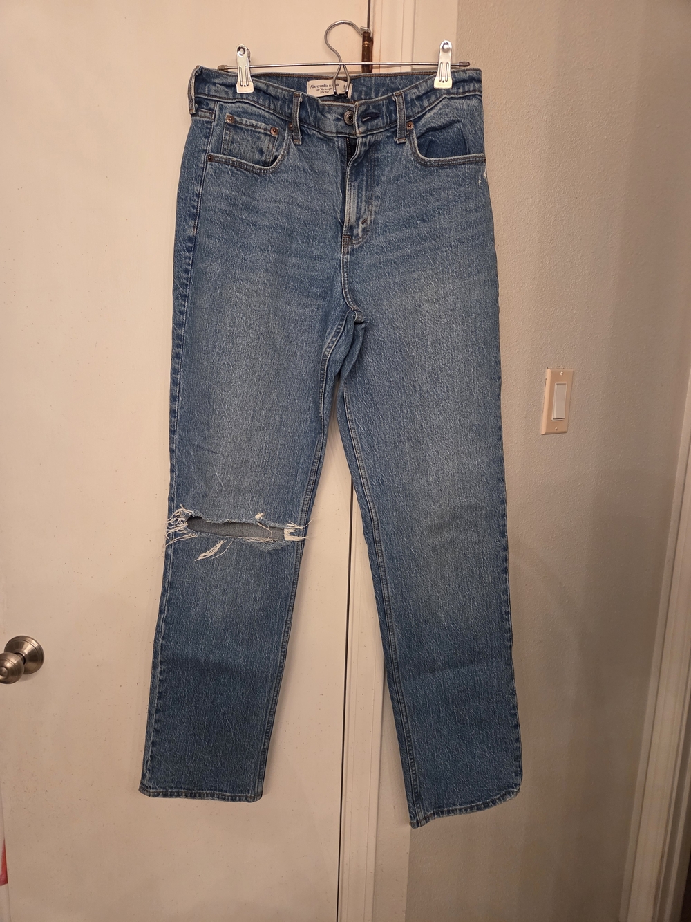 Abercrombie & Fitch Medium Blue Straight Leg Jeans with Knee Rip